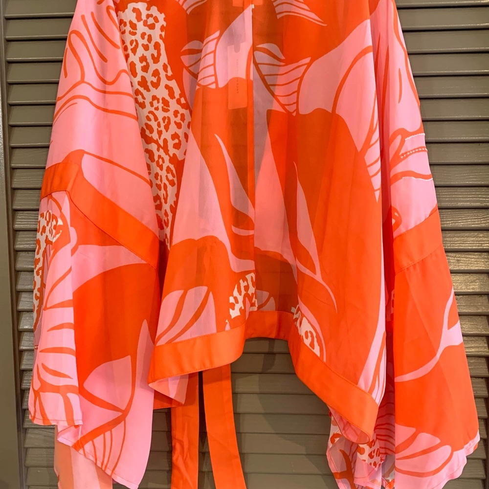 NWT Anthropologie tie-front Orange and Pink Floral Kimono style top. One size - Picture 2 of 4